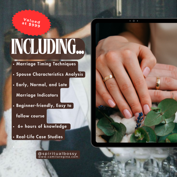 Image promoting the "Marriage Timing and Spouse Characteristics Course" by Camila R. Quintero (@spiritualbossy). The course teaches Vedic astrology techniques to predict marriage timing, understand relationship dynamics, and reveal spouse characteristics. It includes advanced tools like Yogini Dasha periods, Nakshatra rulerships, and real-life examples for practical application. Ideal for astrology enthusiasts and professionals aiming to enhance their predictive skills in love and relationships