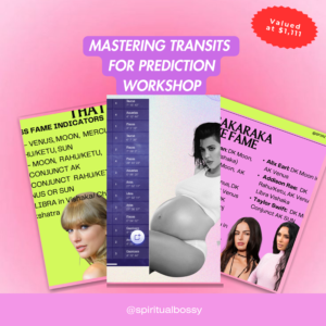 Image of an astrology workshop advertisement titled "Mastering Birth Chart Transits for Life Prediction." The text encourages exploring Vedic astrology to predict life events using planetary transits. The image promotes a hands-on workshop ideal for all experience levels, highlighting key benefits like career and relationship insights, self-discovery, and mastery of timing in astrology.
